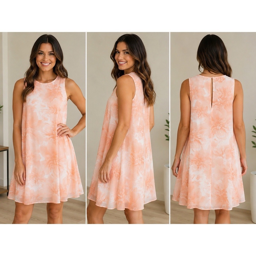 Calvin Klein Peach Floral Sleeveless Shift Dress Women's Size 4 Flowy